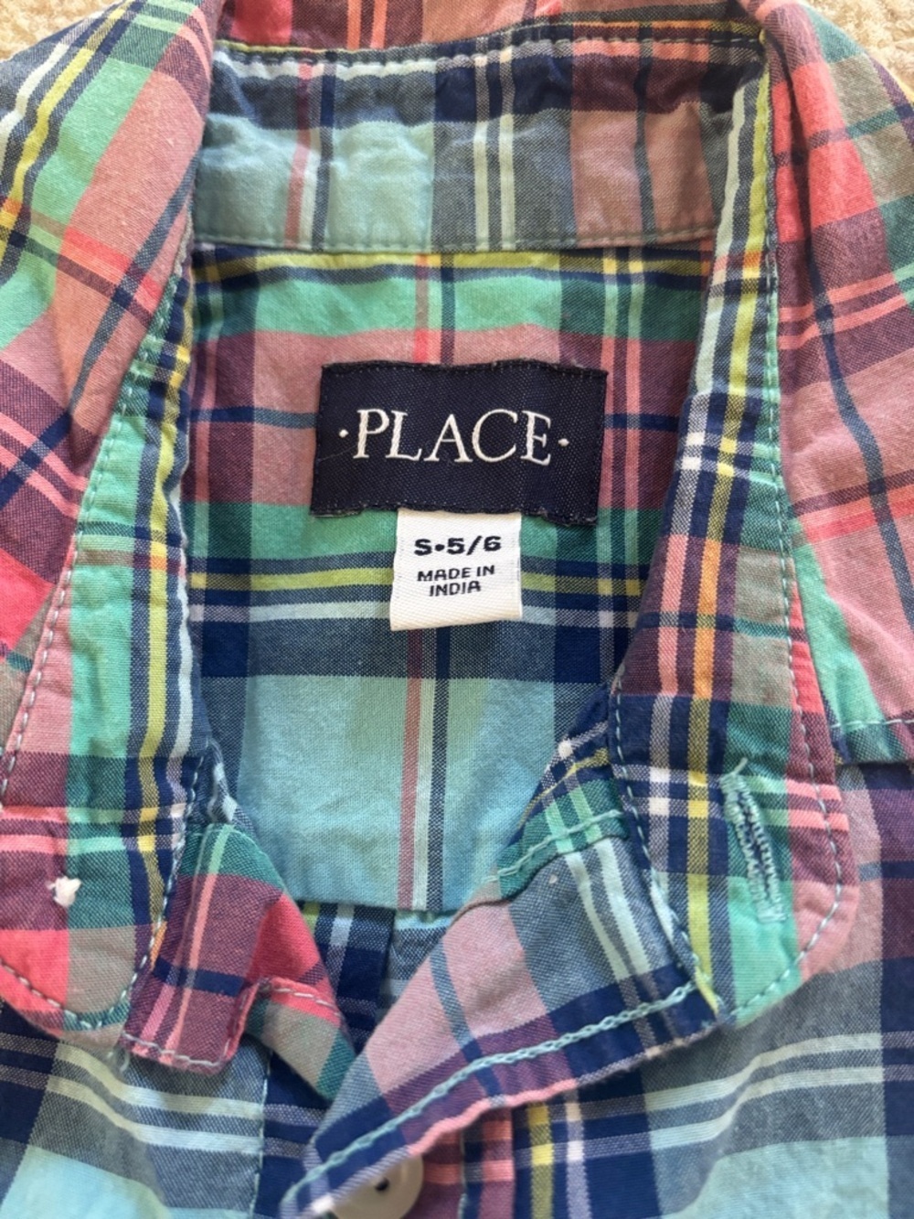 The Children's Place Mint, Navy & Coral Plaid Short-Sleeve Button-Down Shirt - Picture 2 of 5